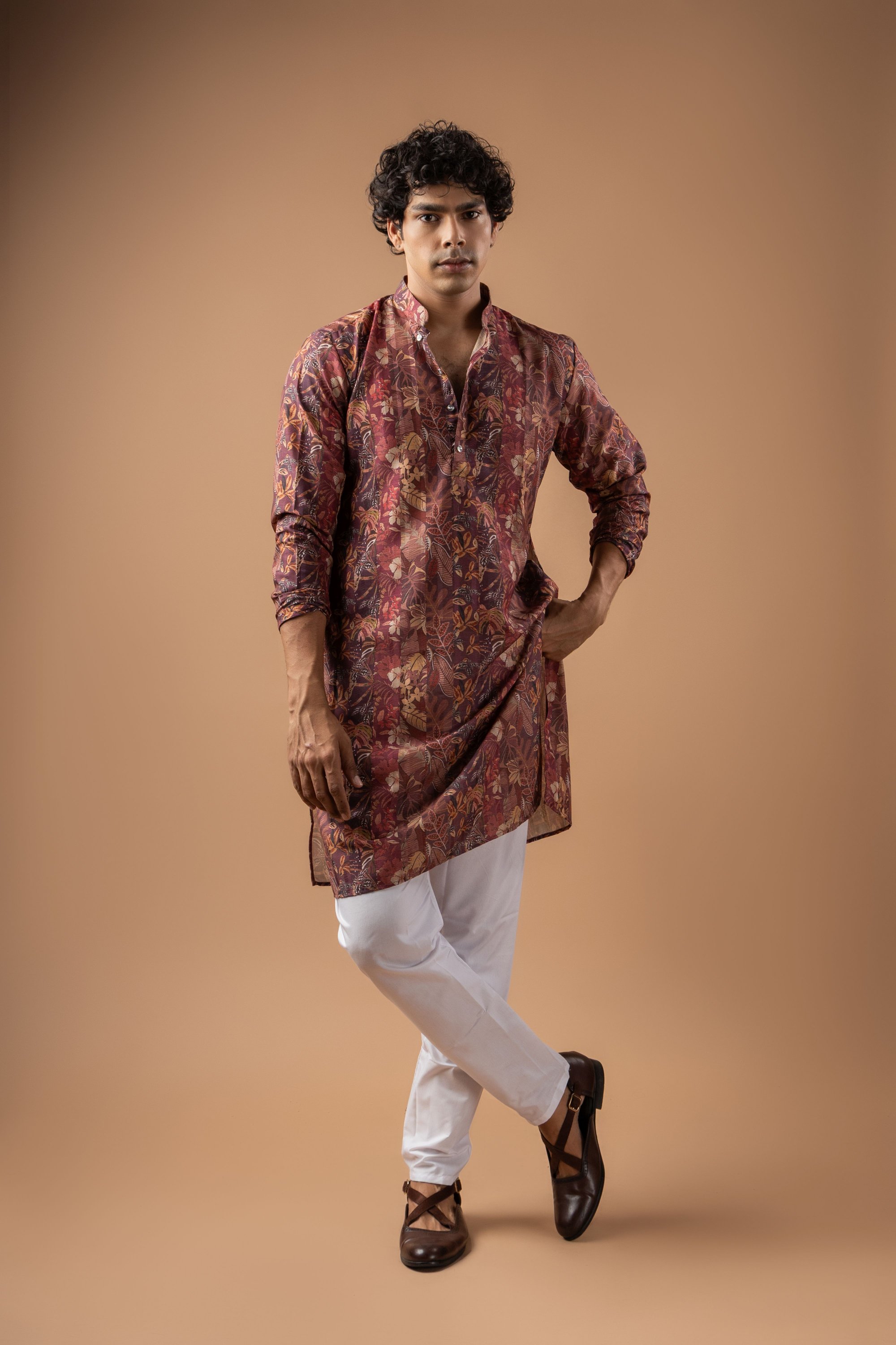 Brown Botanical Woven Art Silk Kurta Pyjama