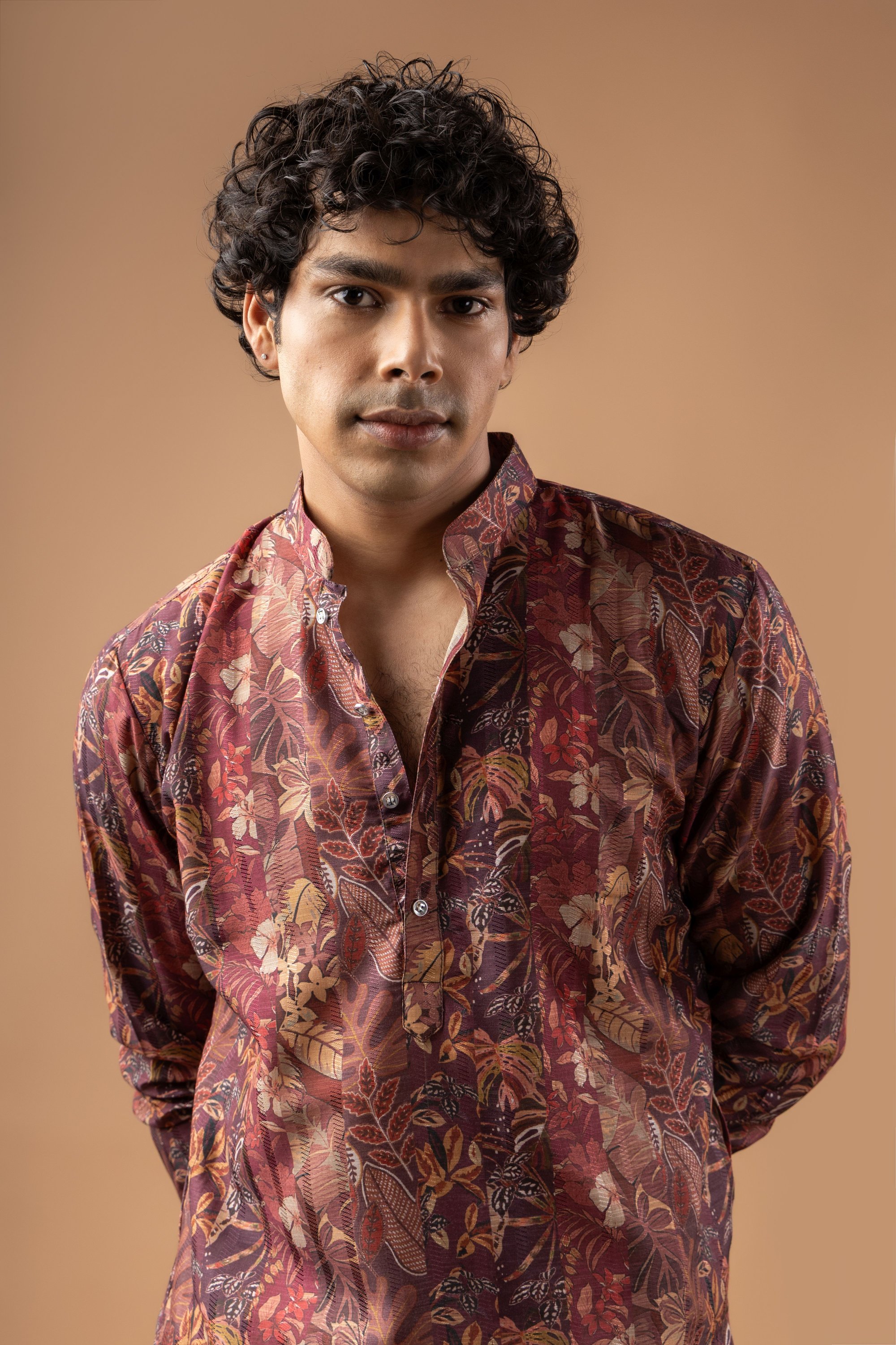 Brown Botanical Woven Art Silk Kurta Pyjama
