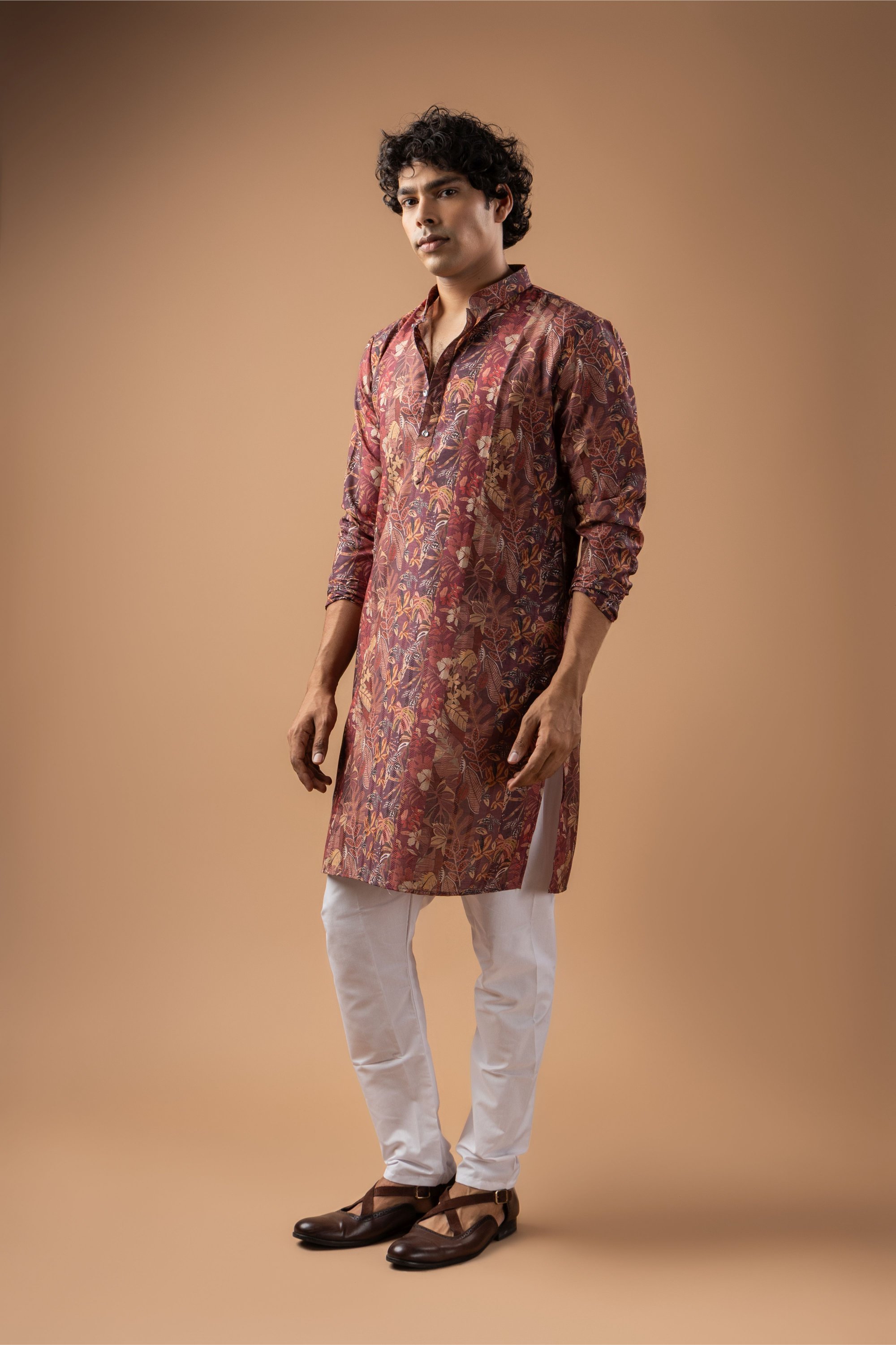 Brown Botanical Woven Art Silk Kurta Pyjama