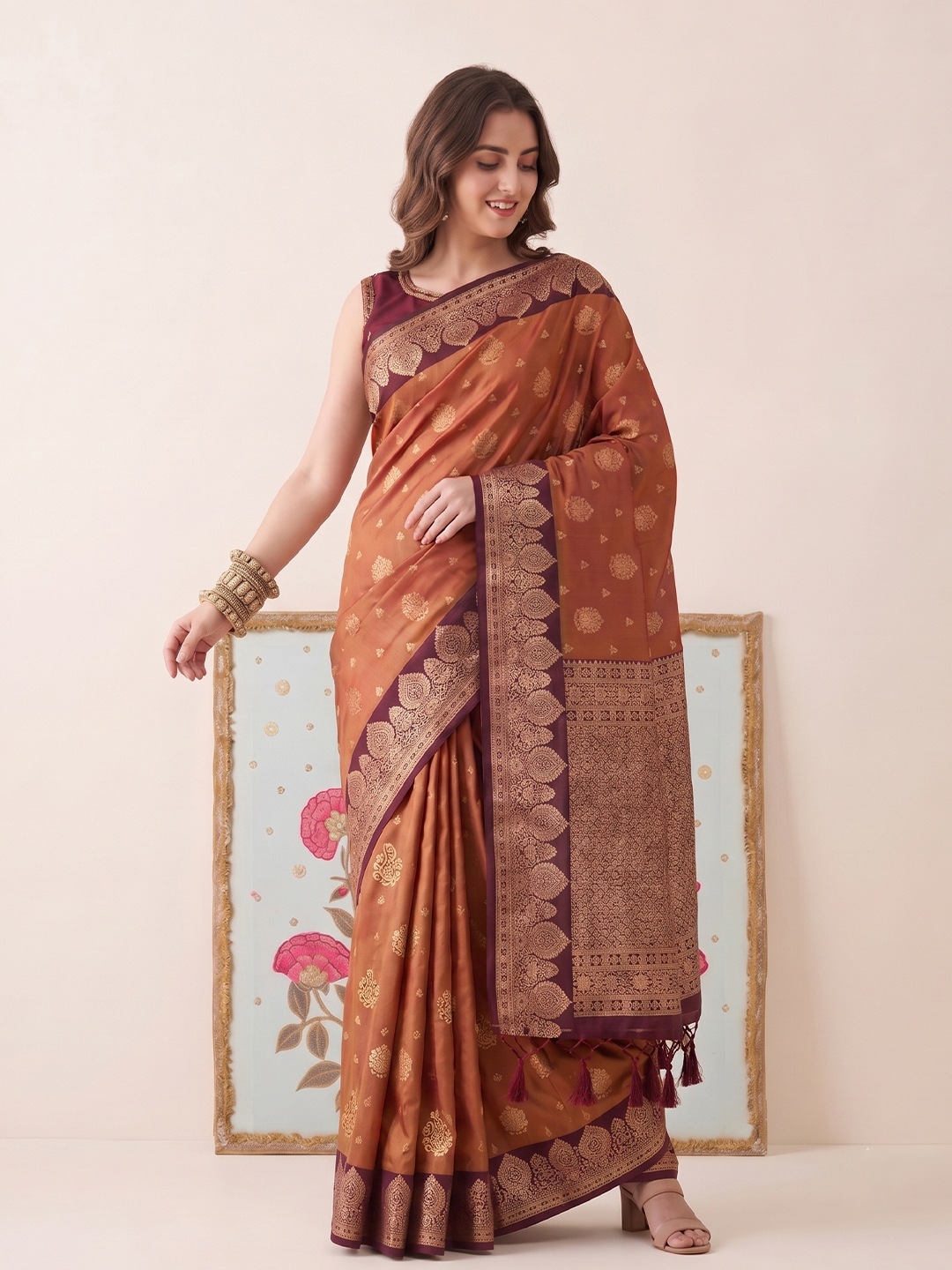 Brown Butti Woven Work Silk Saree