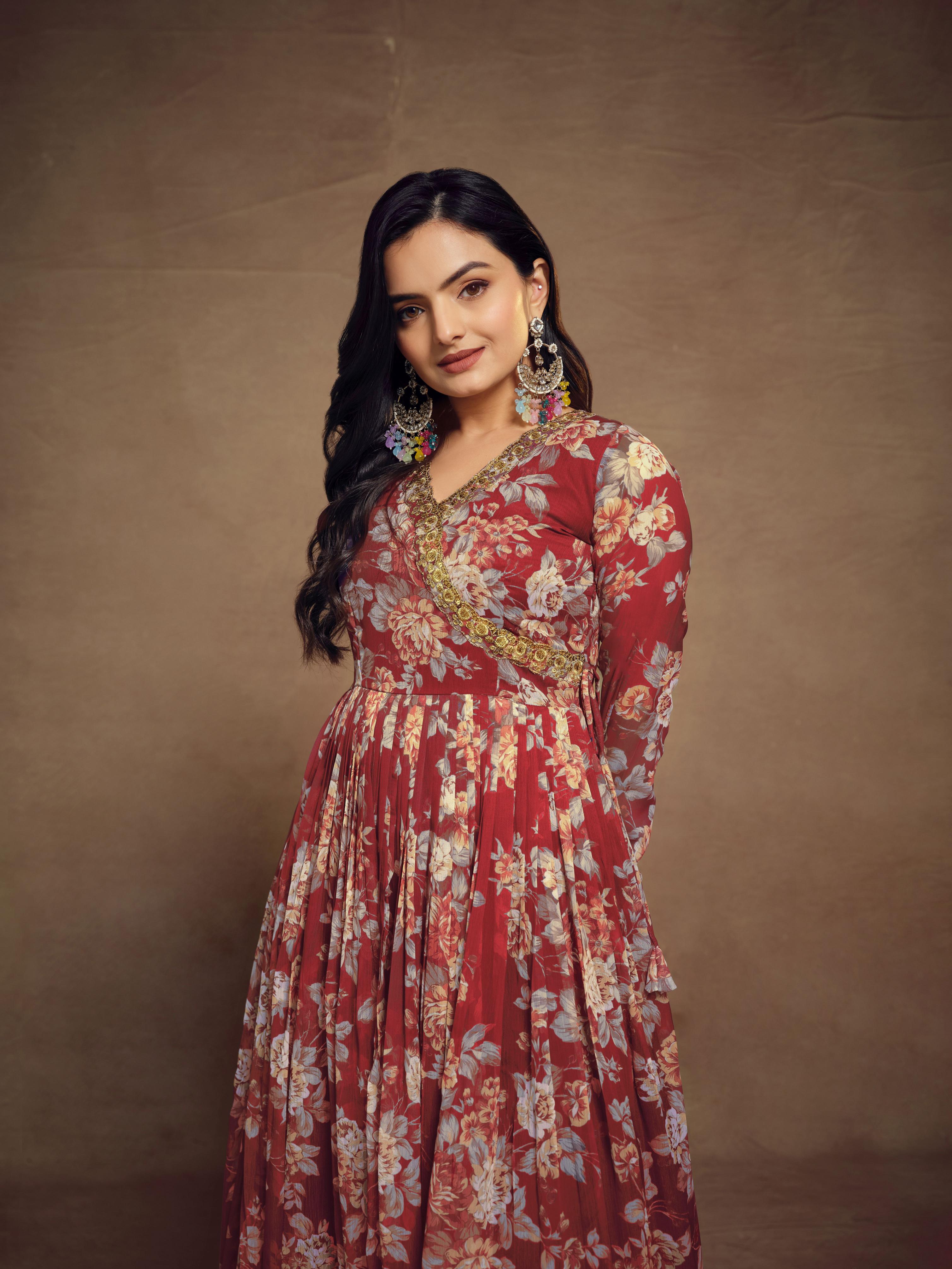 Brown Chiffon Readymade Dress