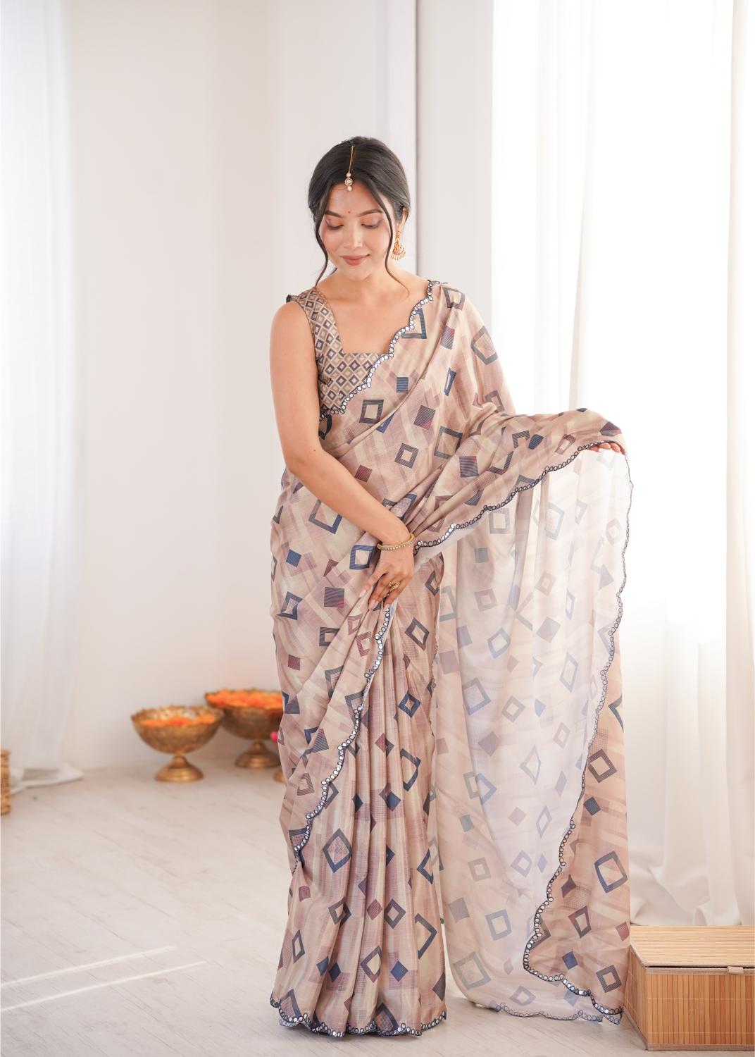 Brown Chinon Digital Printed Mirror Cut Work Saree