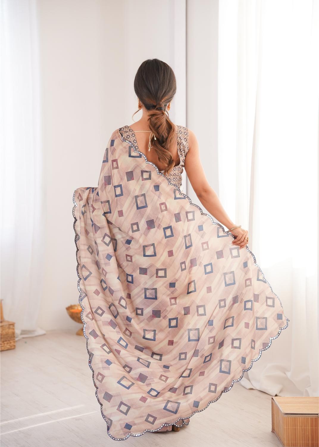 Brown Chinon Digital Printed Mirror Cut Work Saree — alternate view
