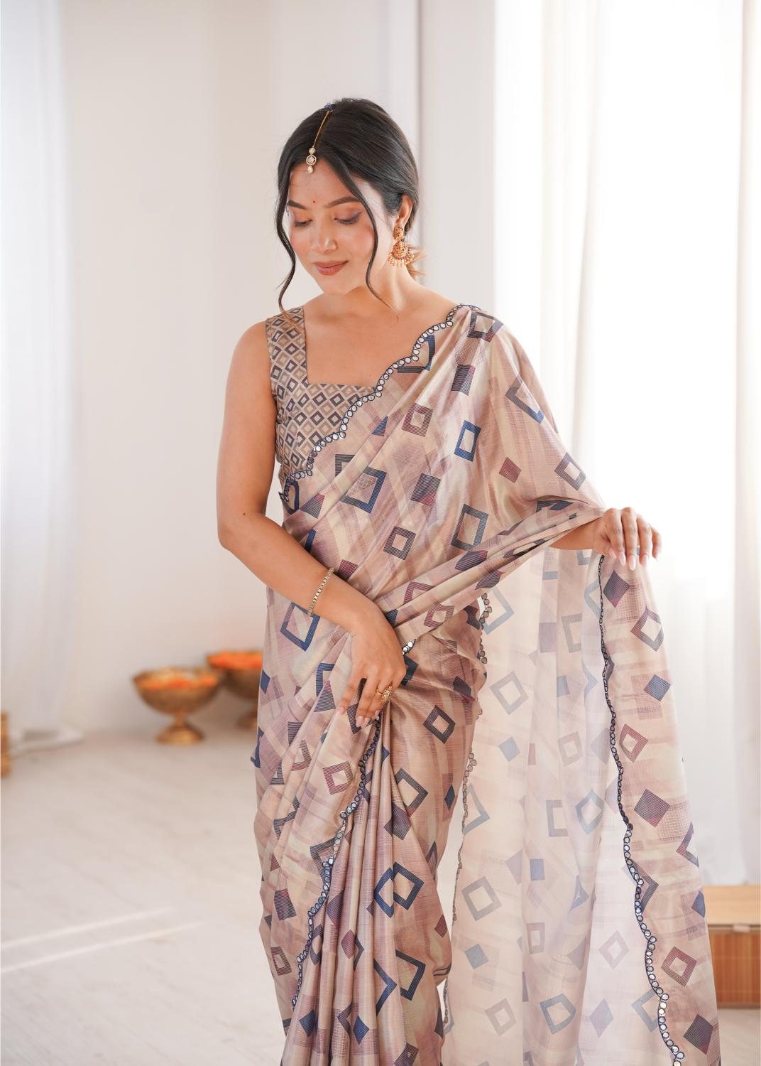 Brown Chinon Digital Printed Mirror Cut Work Saree