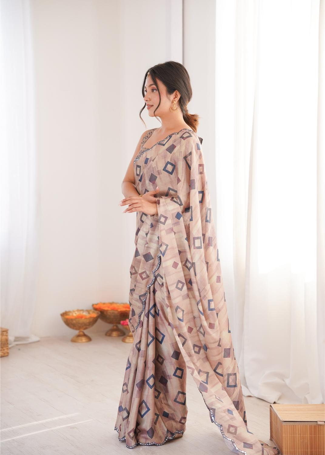 Brown Chinon Digital Printed Mirror Cut Work Saree