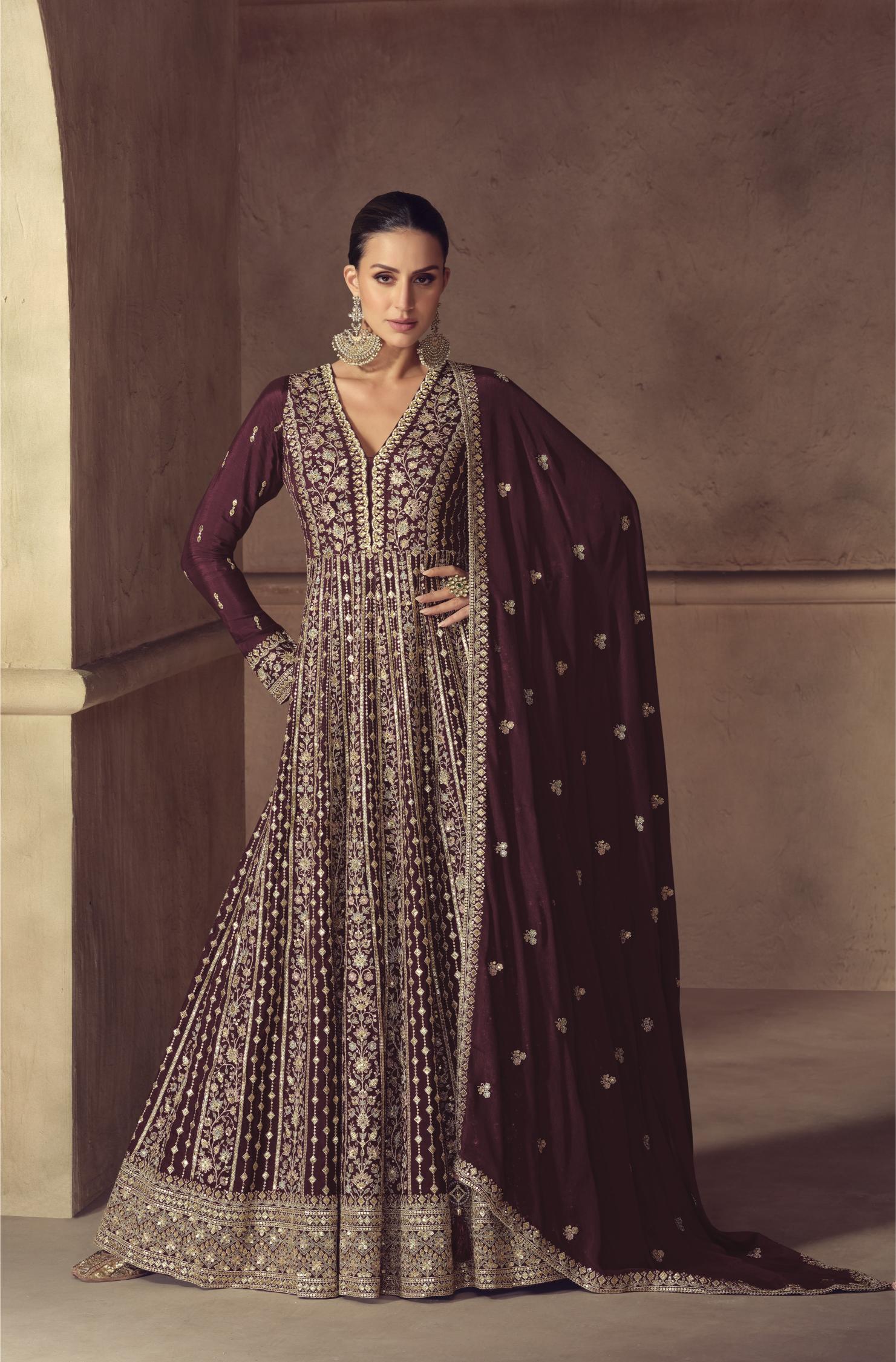 Brown Chinon Embroidered Anarkali Suit