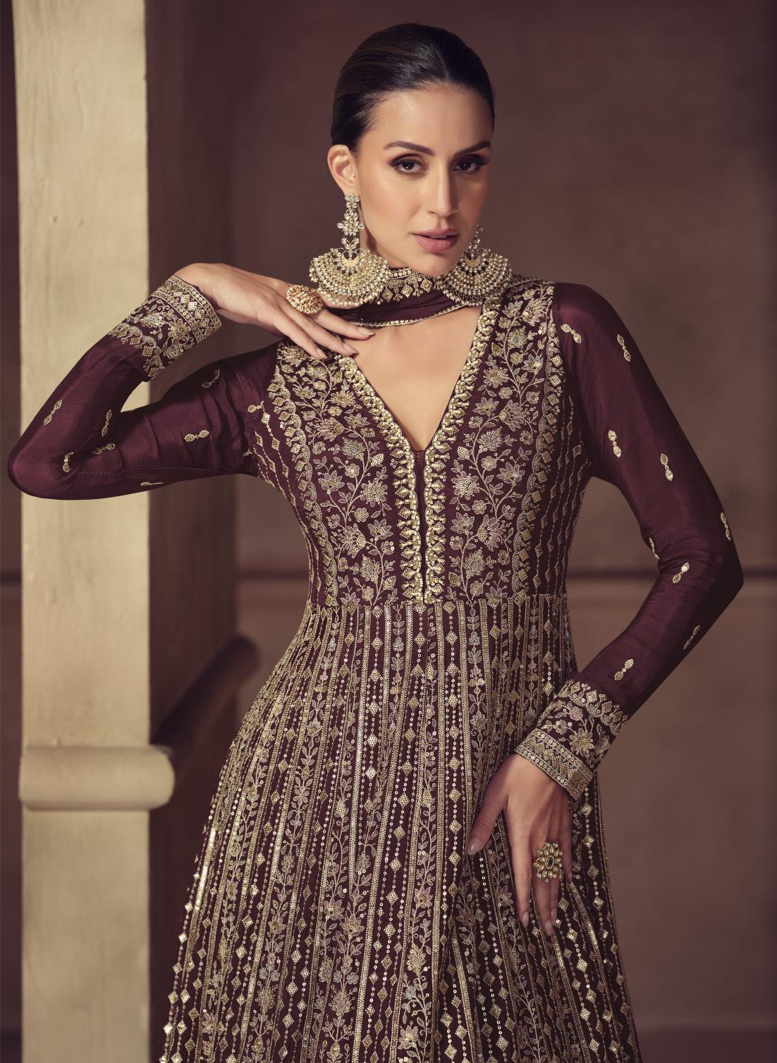 Brown Chinon Embroidered Anarkali Suit — alternate view