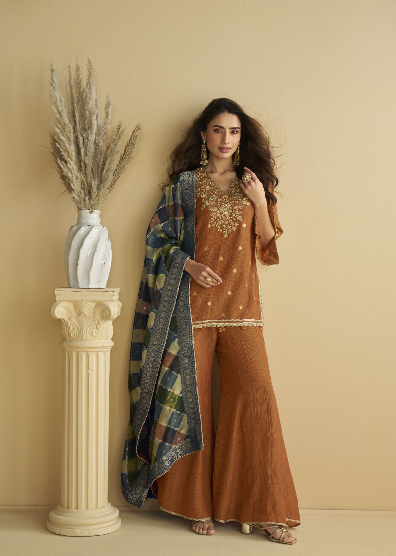 Brown Chinon Embroidered Palazzo Suit