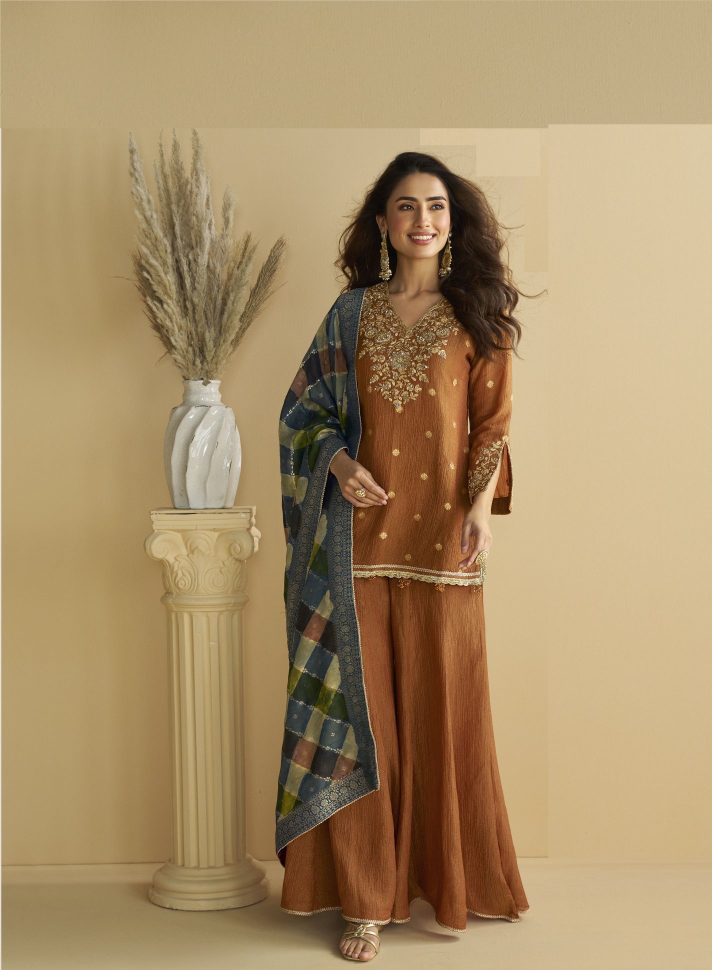 Brown Chinon Embroidered Palazzo Suit — alternate view