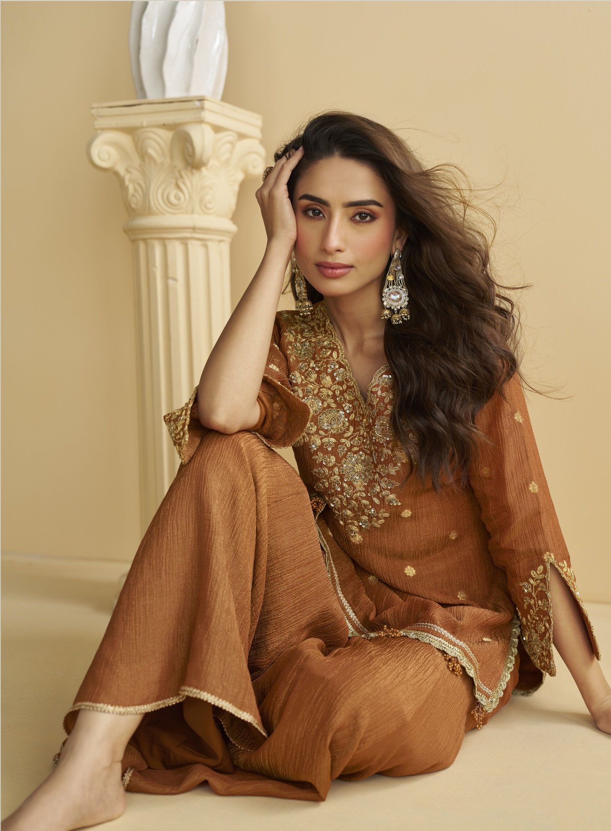 Brown Chinon Embroidered Palazzo Suit