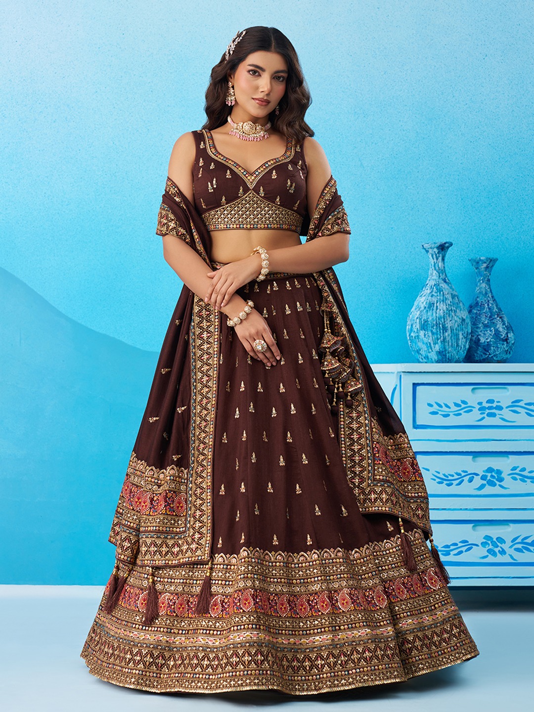 Brown Chinon Sequins Embroidered Festive Lehenga Choli