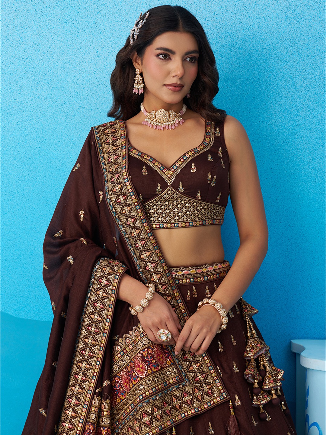 Brown Chinon Sequins Embroidered Festive Lehenga Choli