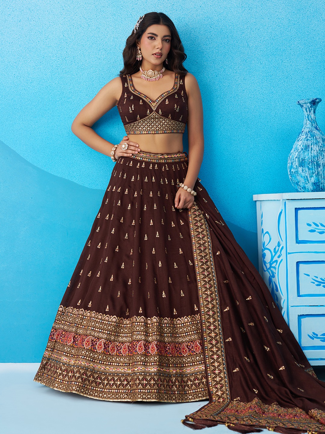 Brown Chinon Sequins Embroidered Festive Lehenga Choli