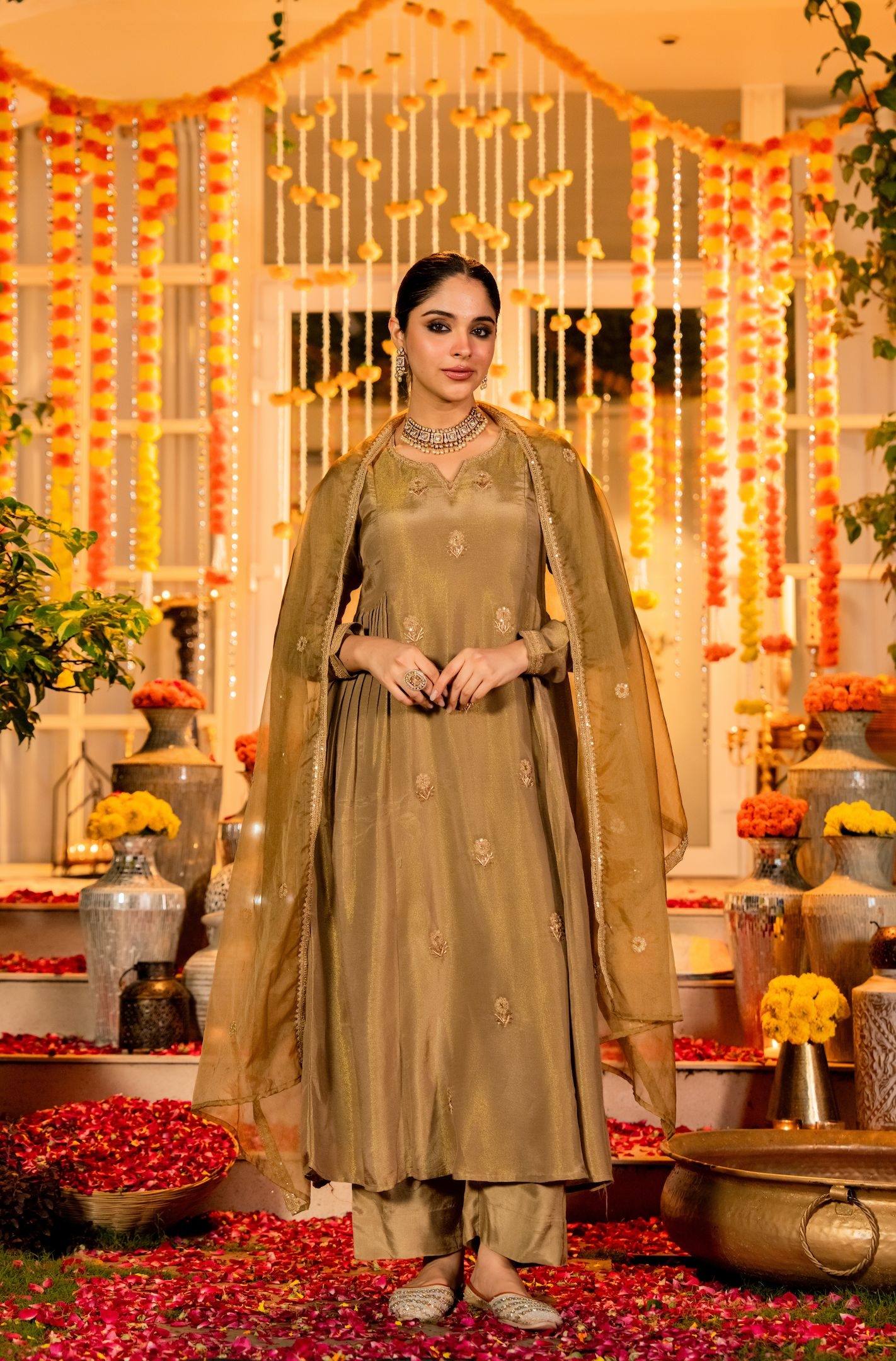 Brown Contemporary Embroidered Organza Salwar Suit