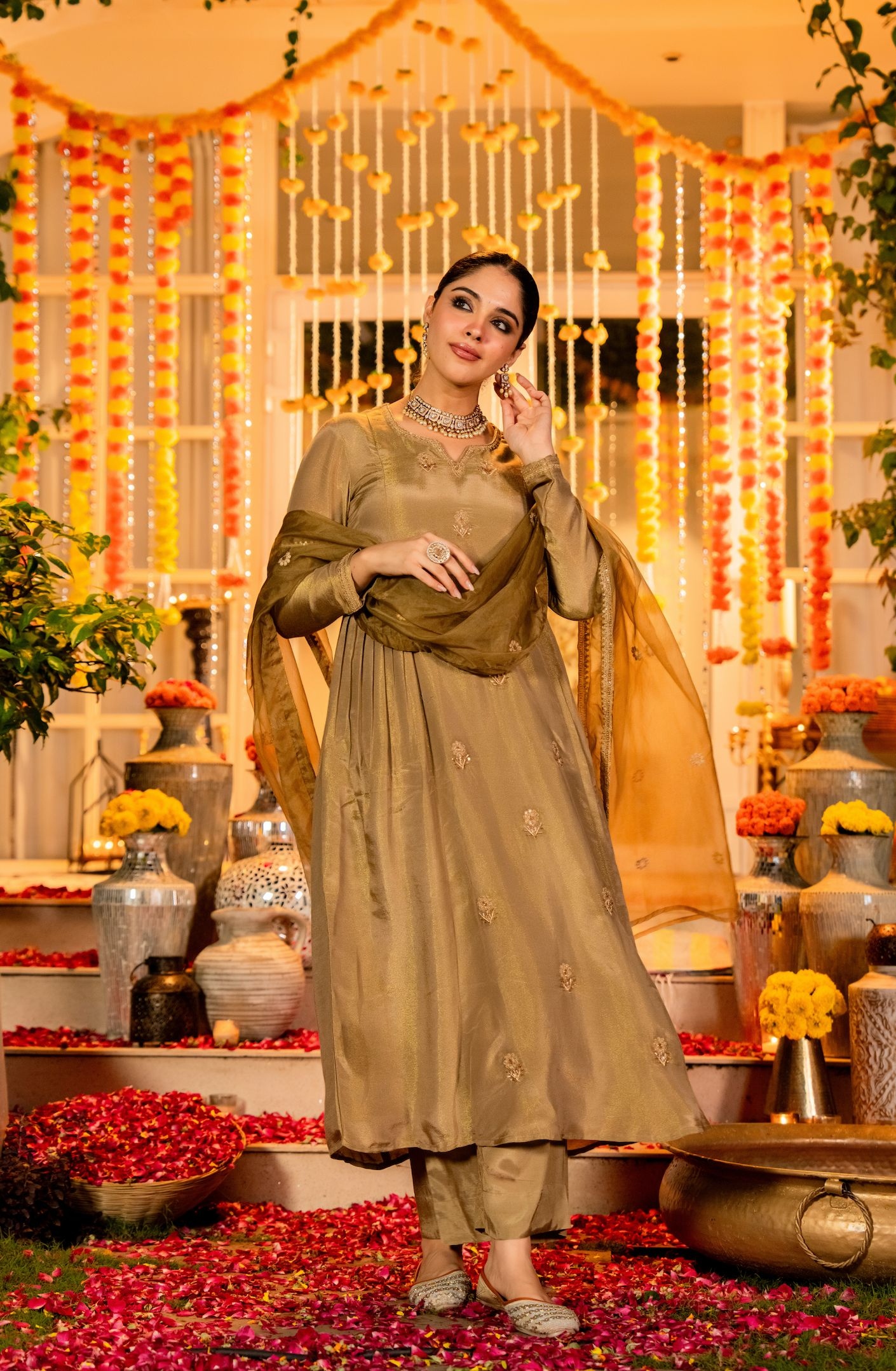Brown Contemporary Embroidered Organza Salwar Suit