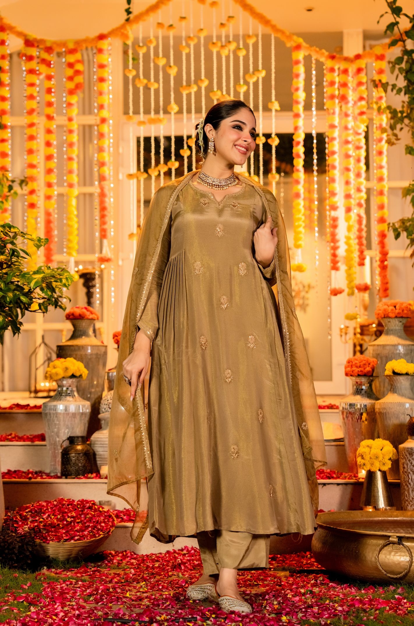 Brown Contemporary Embroidered Organza Salwar Suit