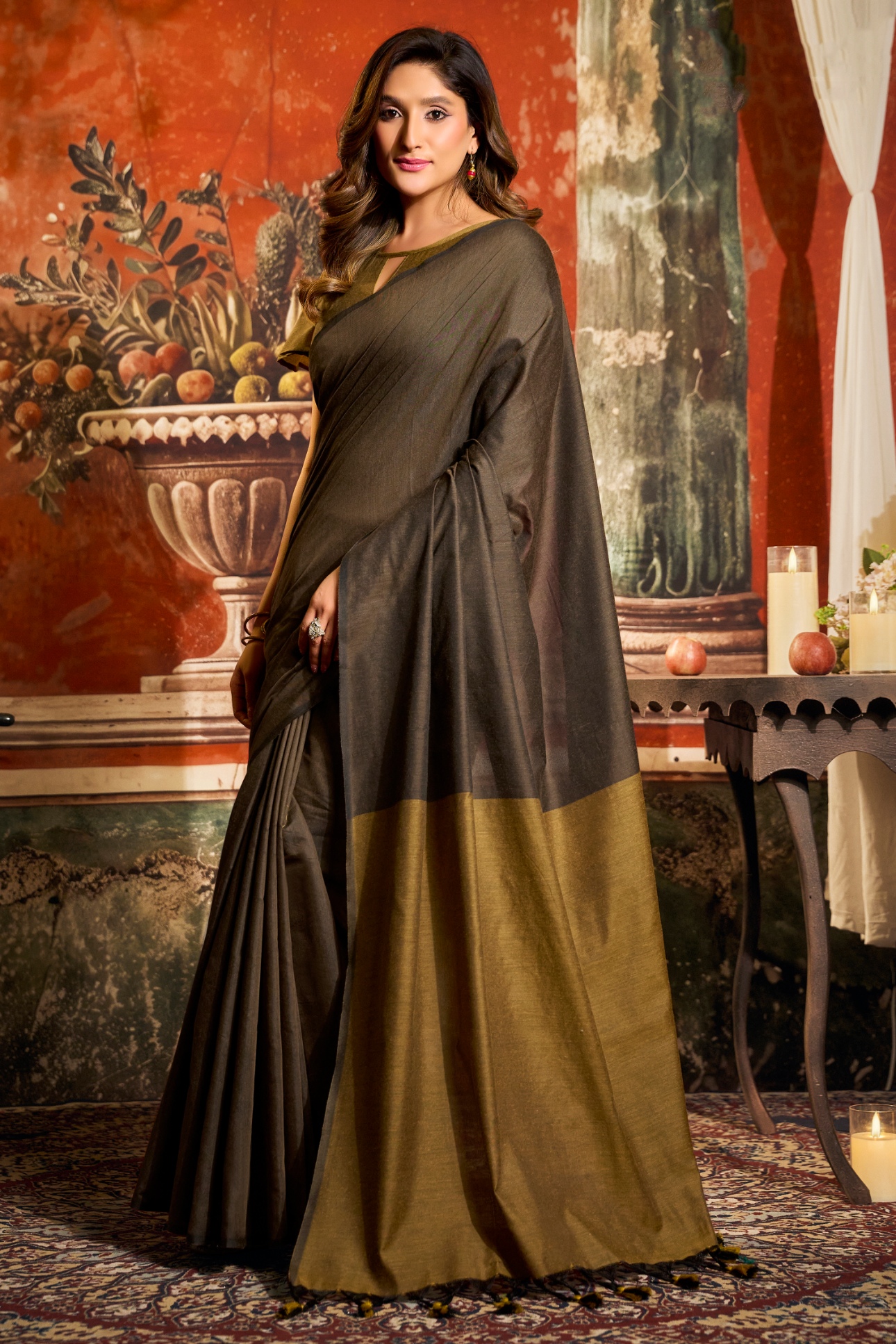 Brown Contrast Tassel Mal Cotton Saree
