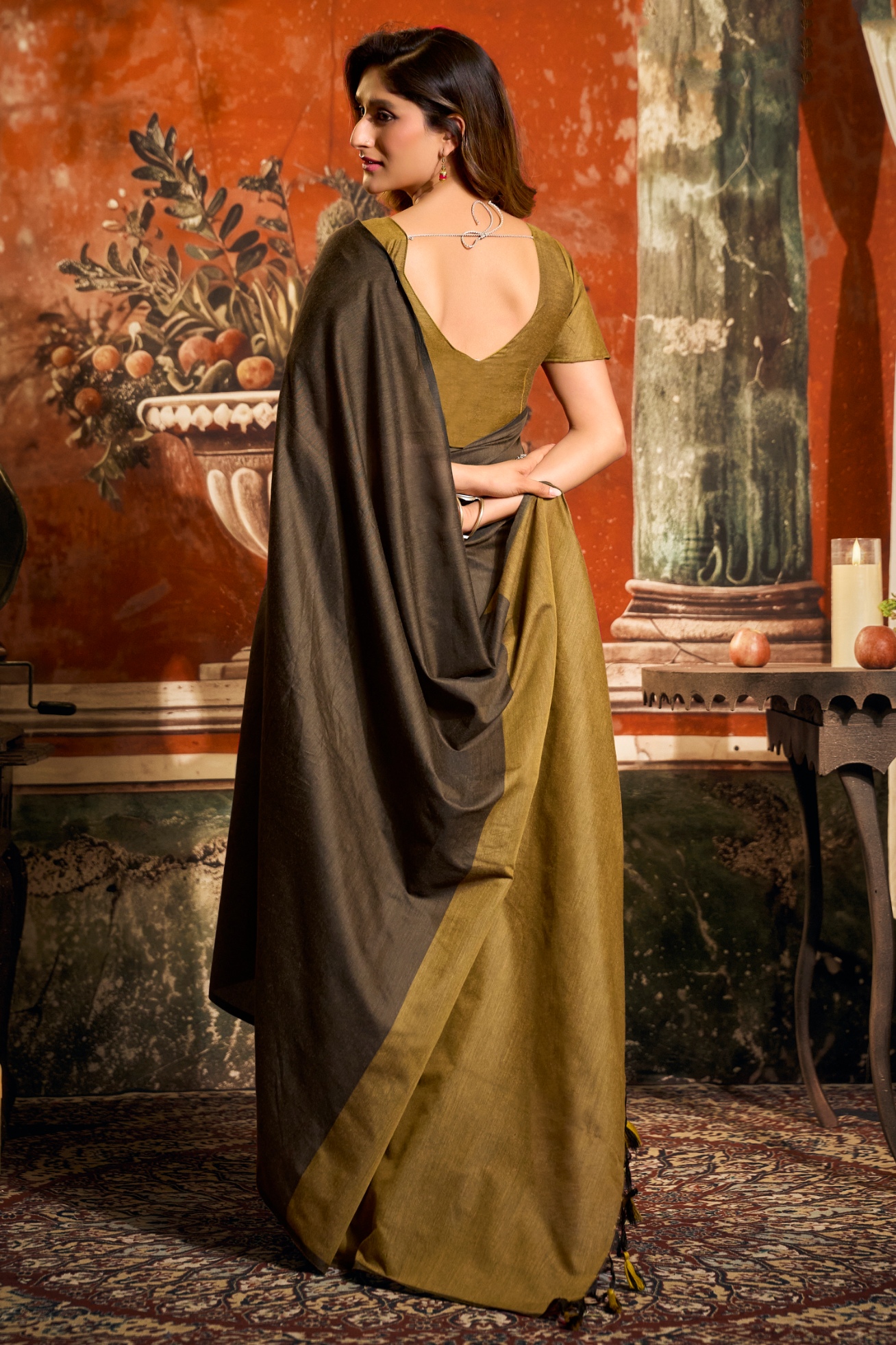 Brown Contrast Tassel Mal Cotton Saree — alternate view