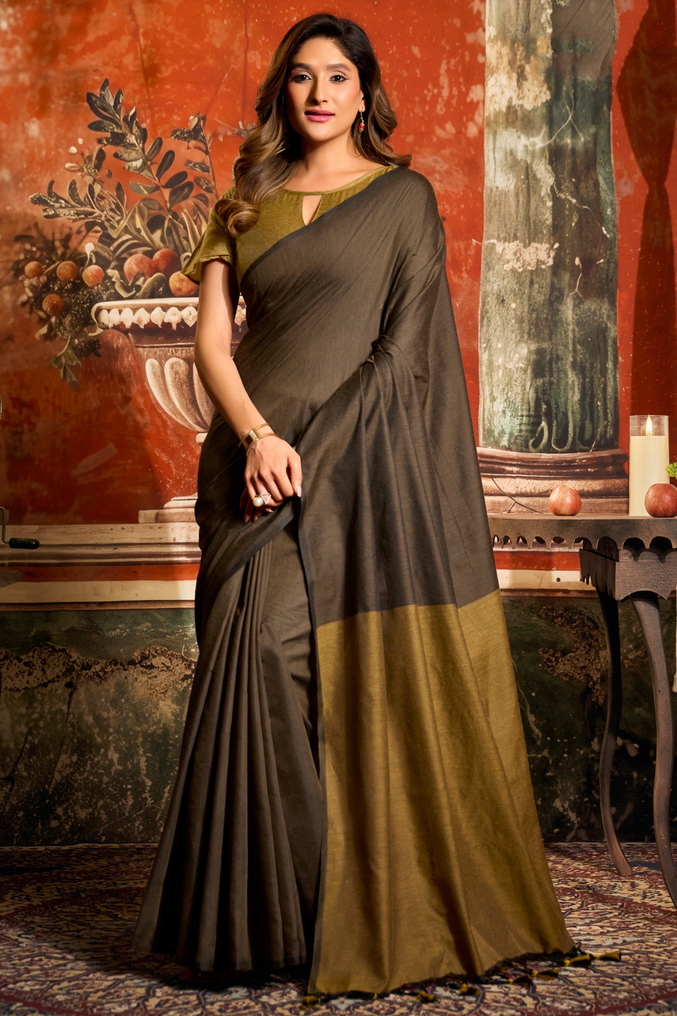 Brown Contrast Tassel Mal Cotton Saree