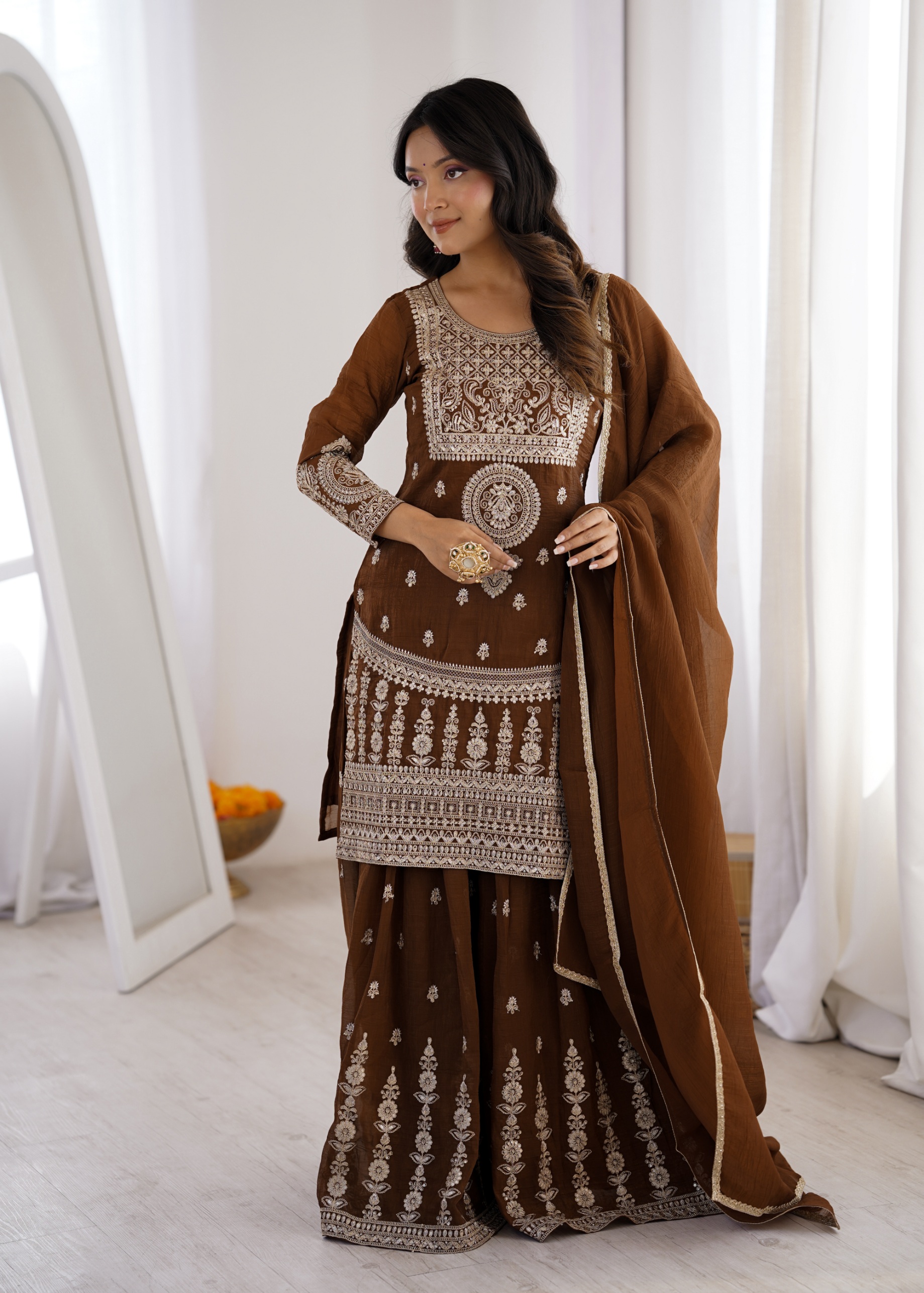 Brown Crunchy Silk Heavy Embroidered Designer Sharara Suit