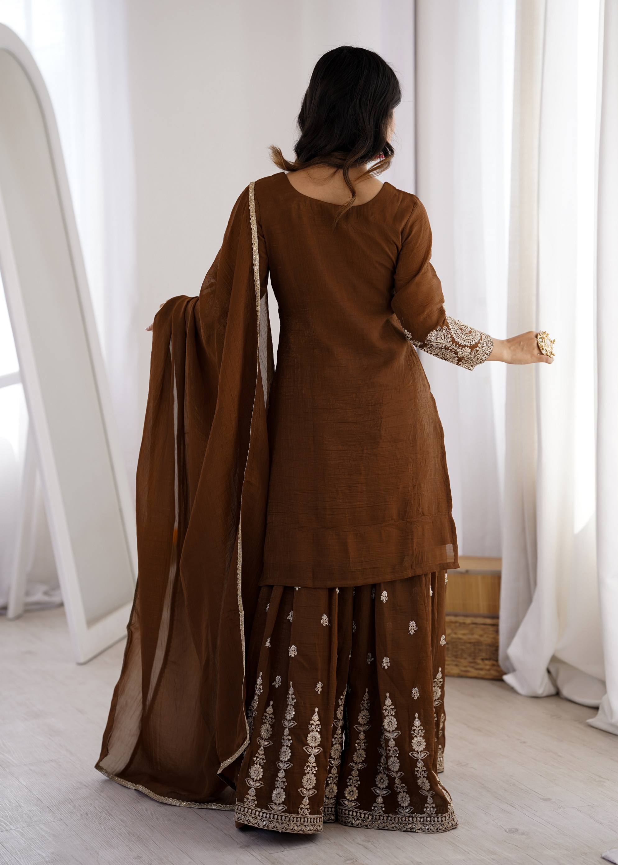 Brown Crunchy Silk Heavy Embroidered Designer Sharara Suit — alternate view