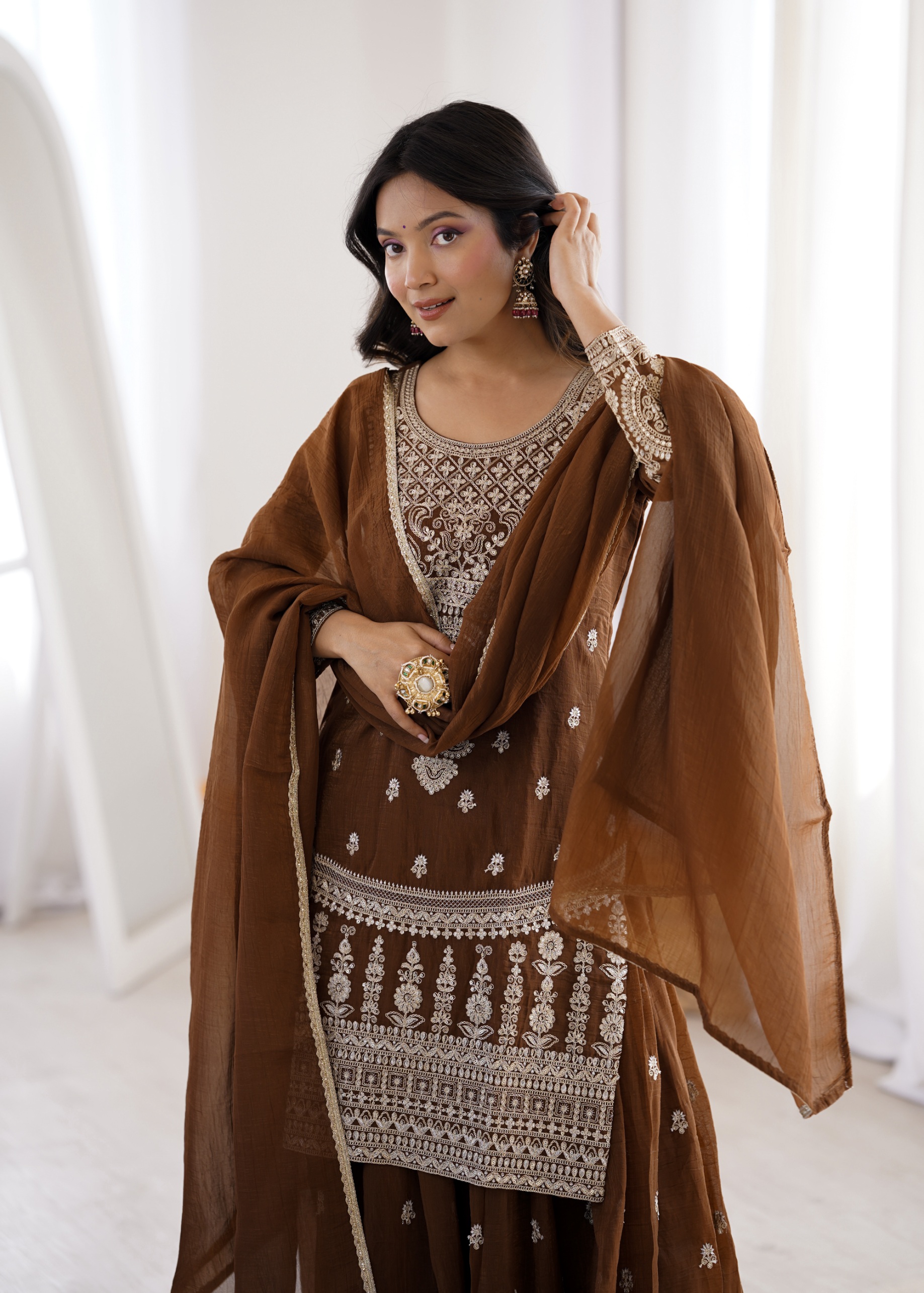 Brown Crunchy Silk Heavy Embroidered Designer Sharara Suit