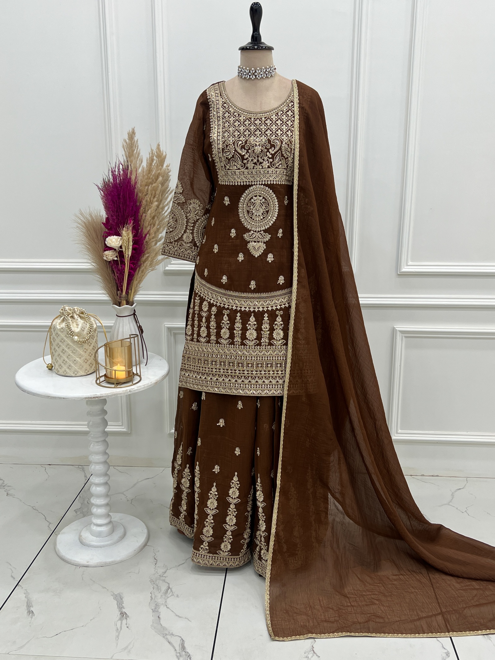 Brown Crunchy Silk Heavy Embroidered Designer Sharara Suit