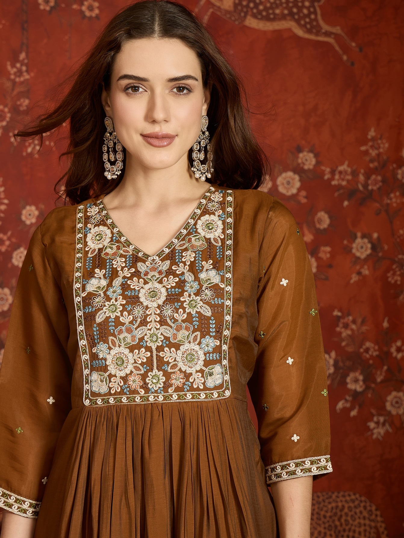 Brown Designer Embroidery Mul Chanderi Anarkali Suit