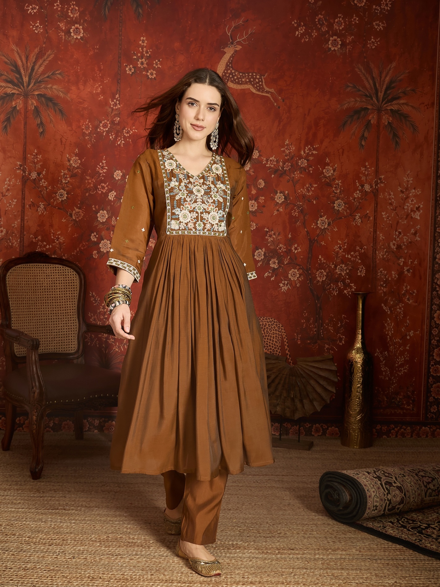 Brown Designer Embroidery Mul Chanderi Anarkali Suit