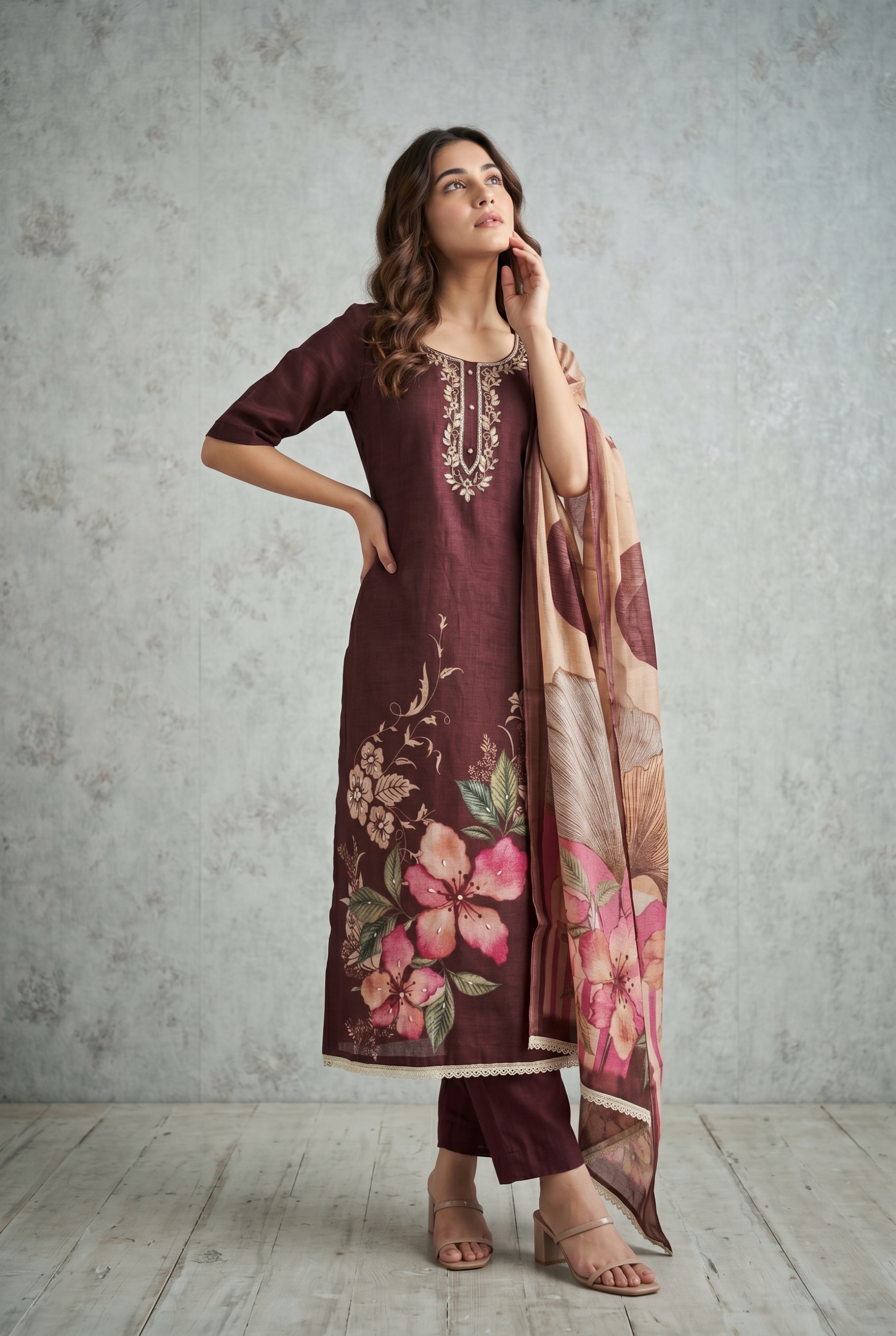 Brown Designer Printed Cotton Linen Straight Suit