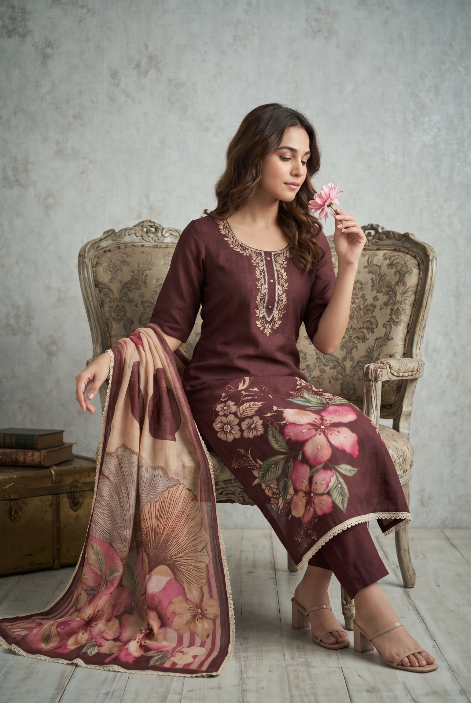 Brown Designer Printed Cotton Linen Straight Suit — alternate view