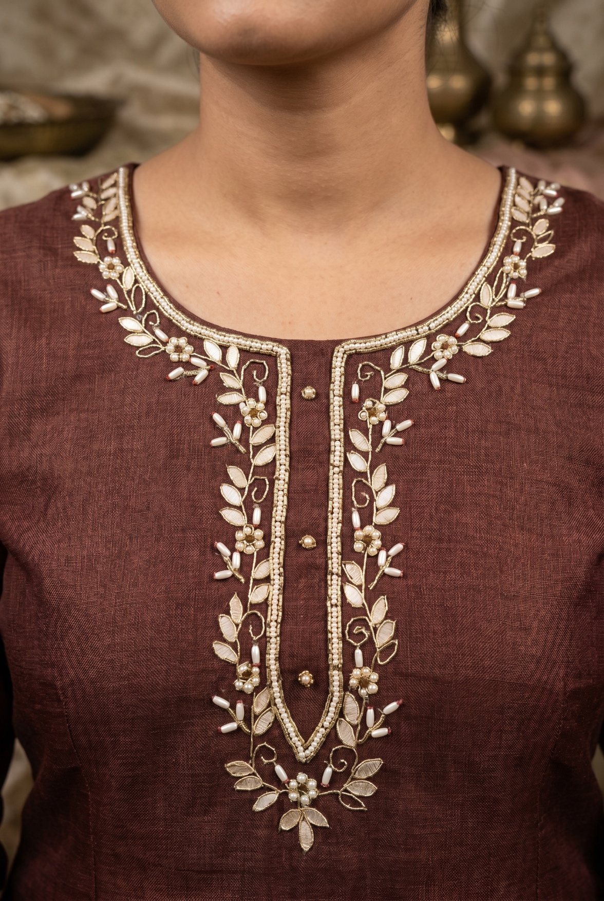 Brown Designer Printed Cotton Linen Straight Suit