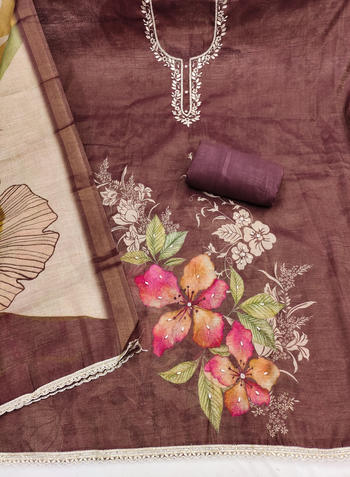 Brown Designer Printed Cotton Linen Straight Suit