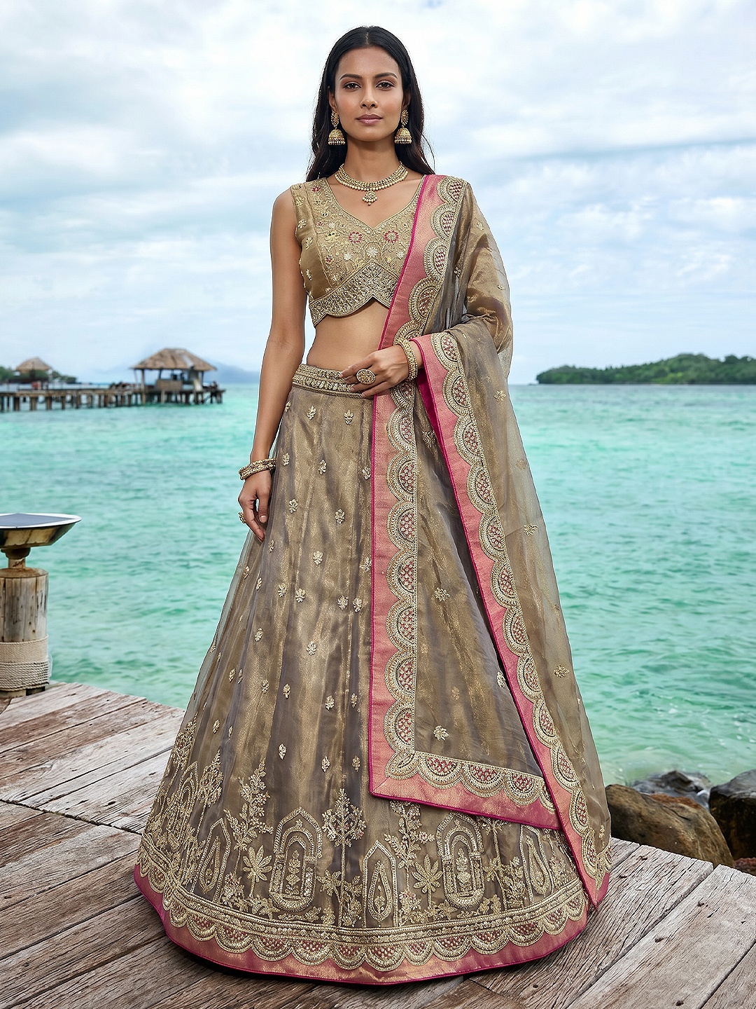 Brown Designer Sequins Embroidery Work Tissue Lehenga Choli