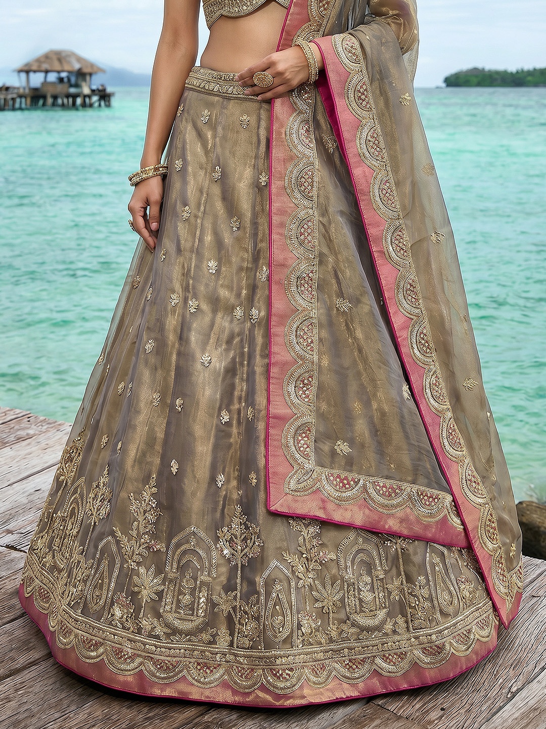 Brown Designer Sequins Embroidery Work Tissue Lehenga Choli