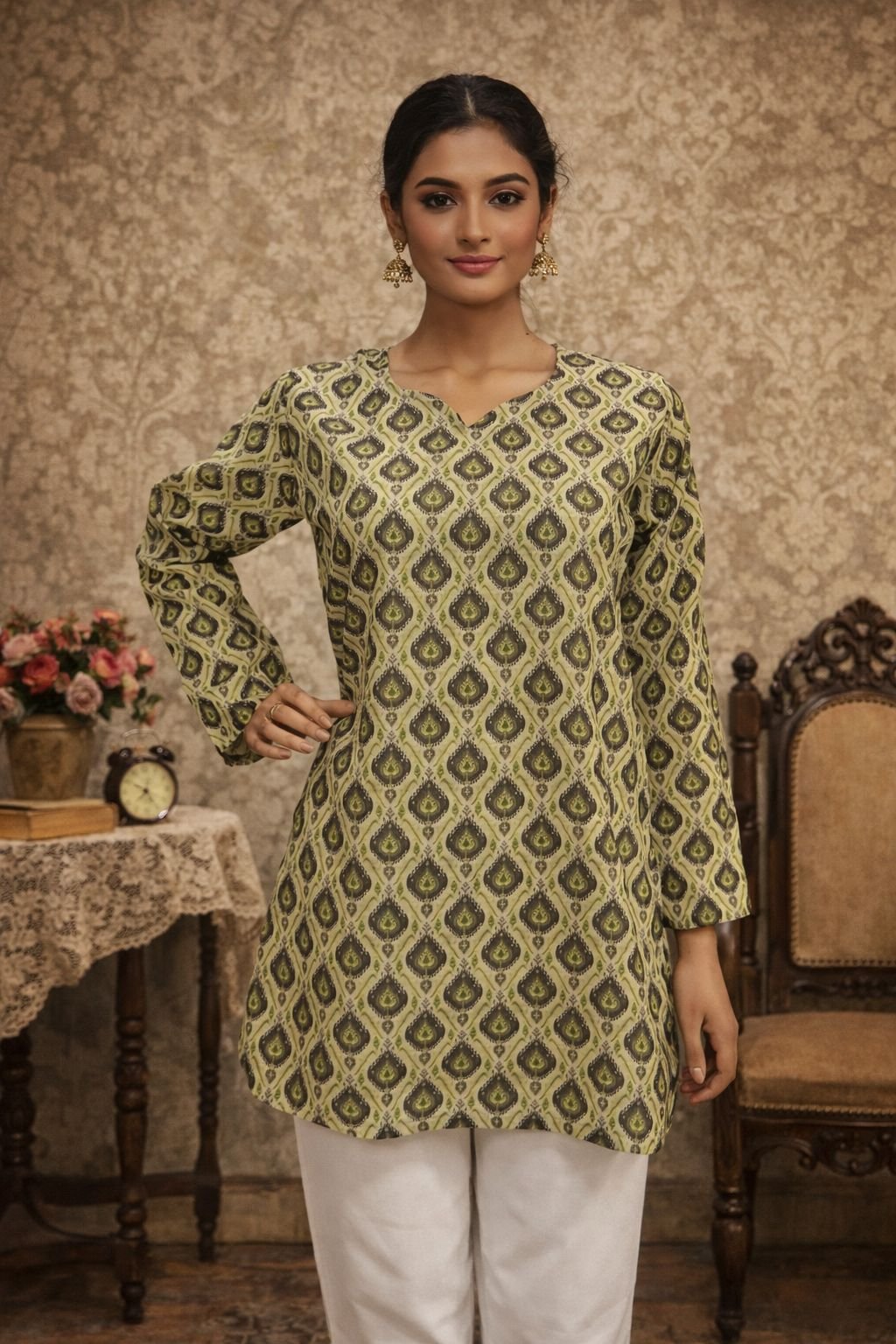 Brown Diamond Motif Digital Printed Maslin Kurti