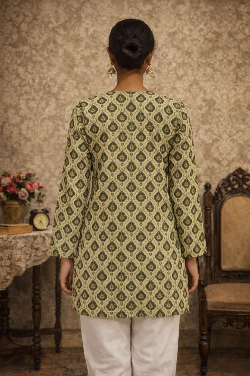 Brown Diamond Motif Digital Printed Maslin Kurti — alternate view