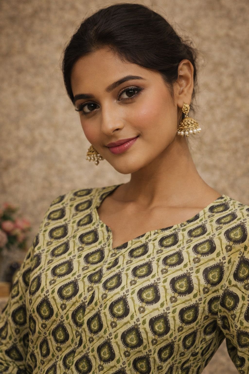 Brown Diamond Motif Digital Printed Maslin Kurti