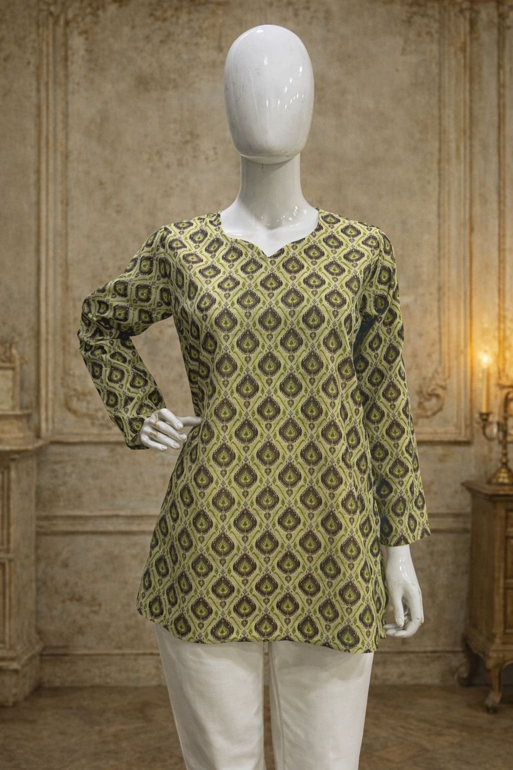 Brown Diamond Motif Digital Printed Maslin Kurti