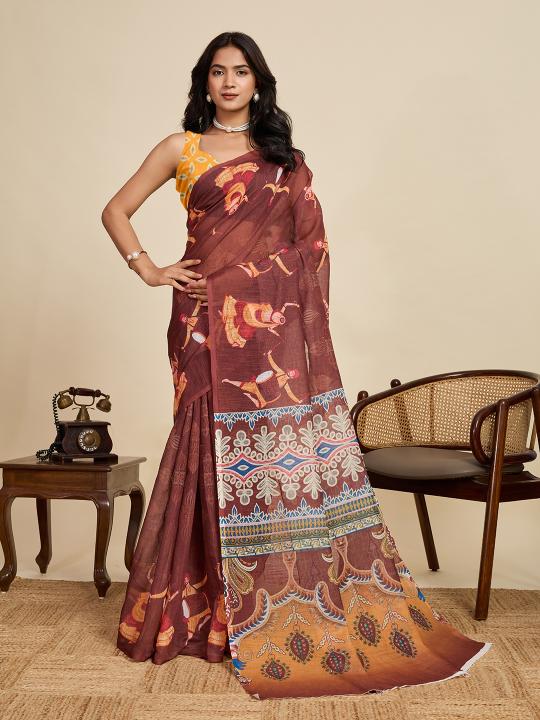 Brown Digital Printed Linen Saree