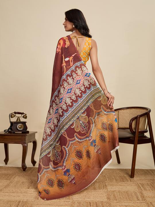 Brown Digital Printed Linen Saree — alternate view