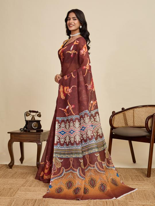 Brown Digital Printed Linen Saree