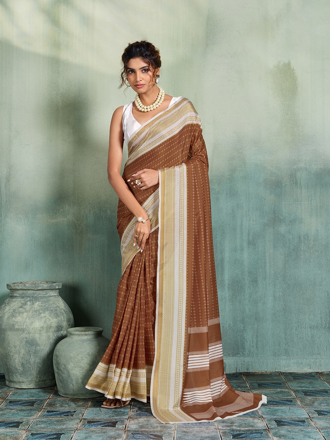 Brown Earth Ikat Satin Saree