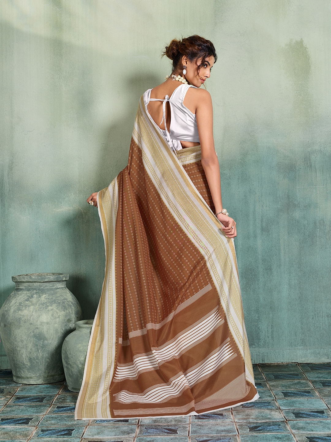 Brown Earth Ikat Satin Saree — alternate view