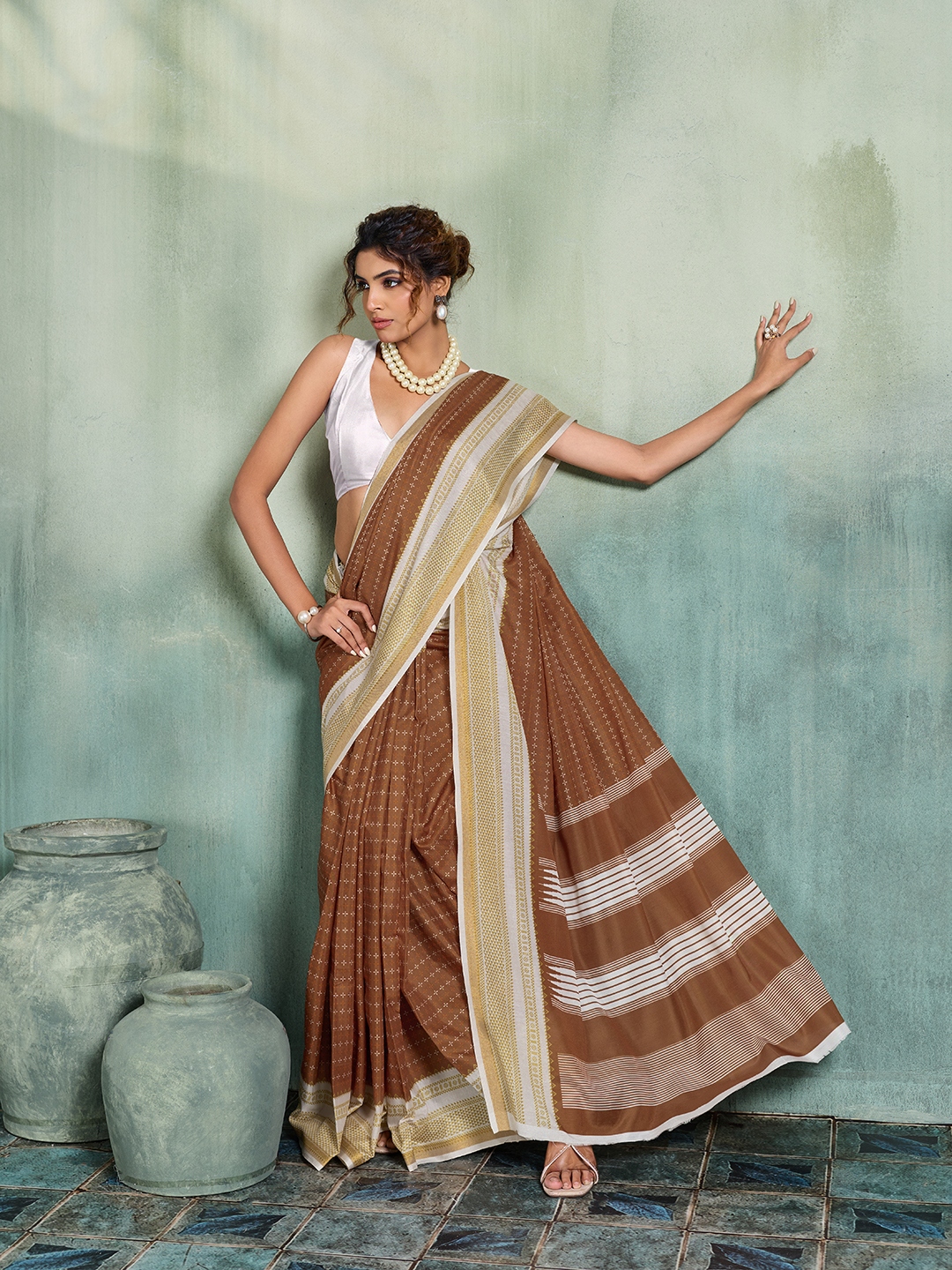 Brown Earth Ikat Satin Saree