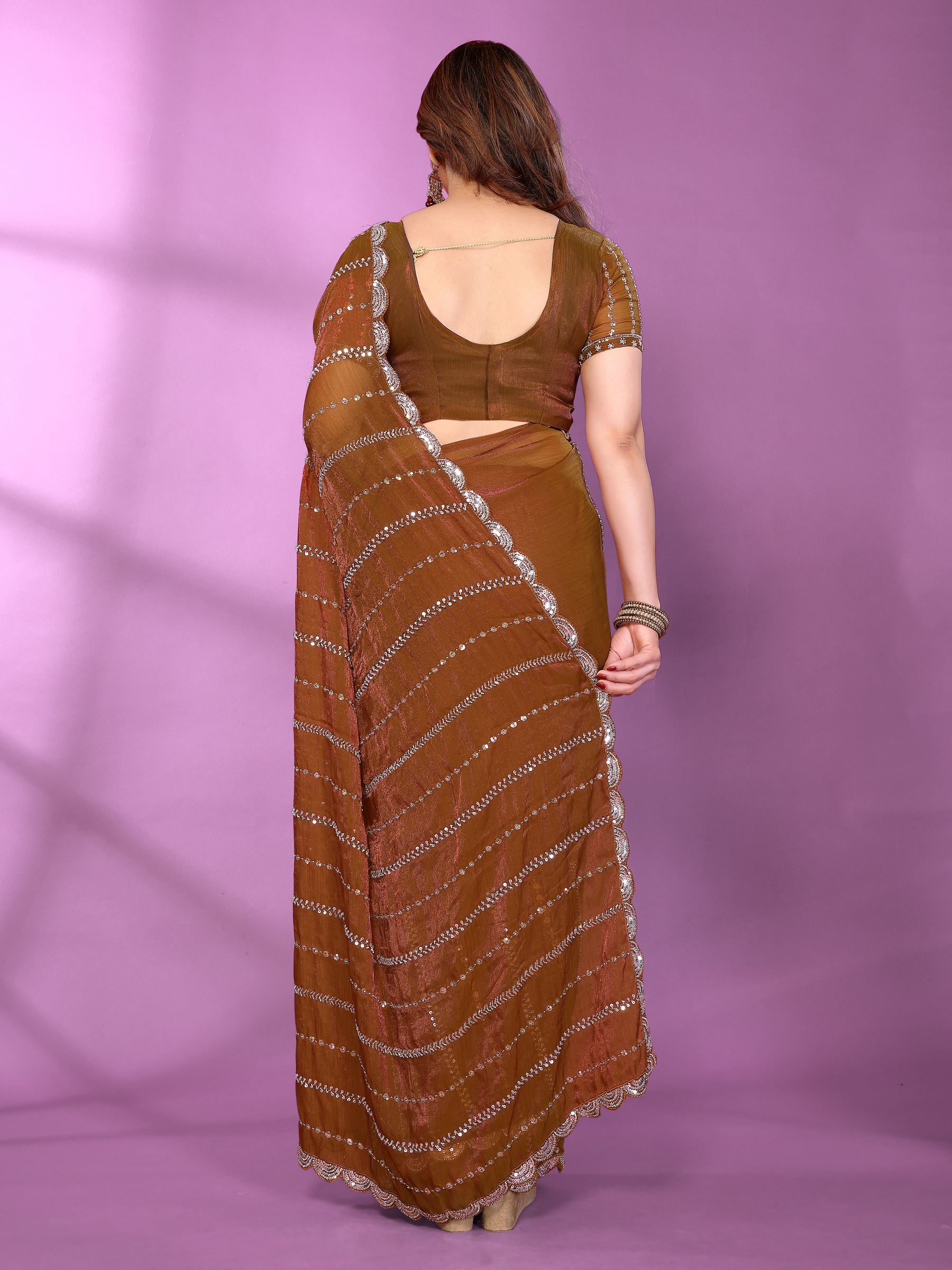 Brown Embellished Satin Silk Saree — alternate view
