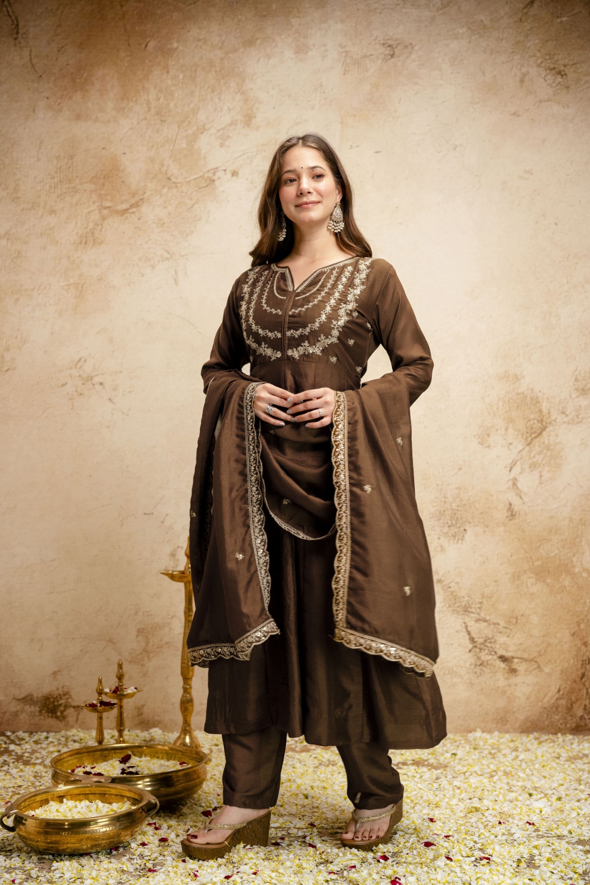 Brown Embroidered Chanderi Salwar Suit