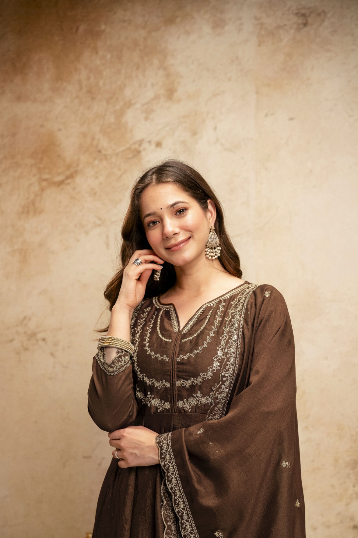 Brown Embroidered Chanderi Salwar Suit