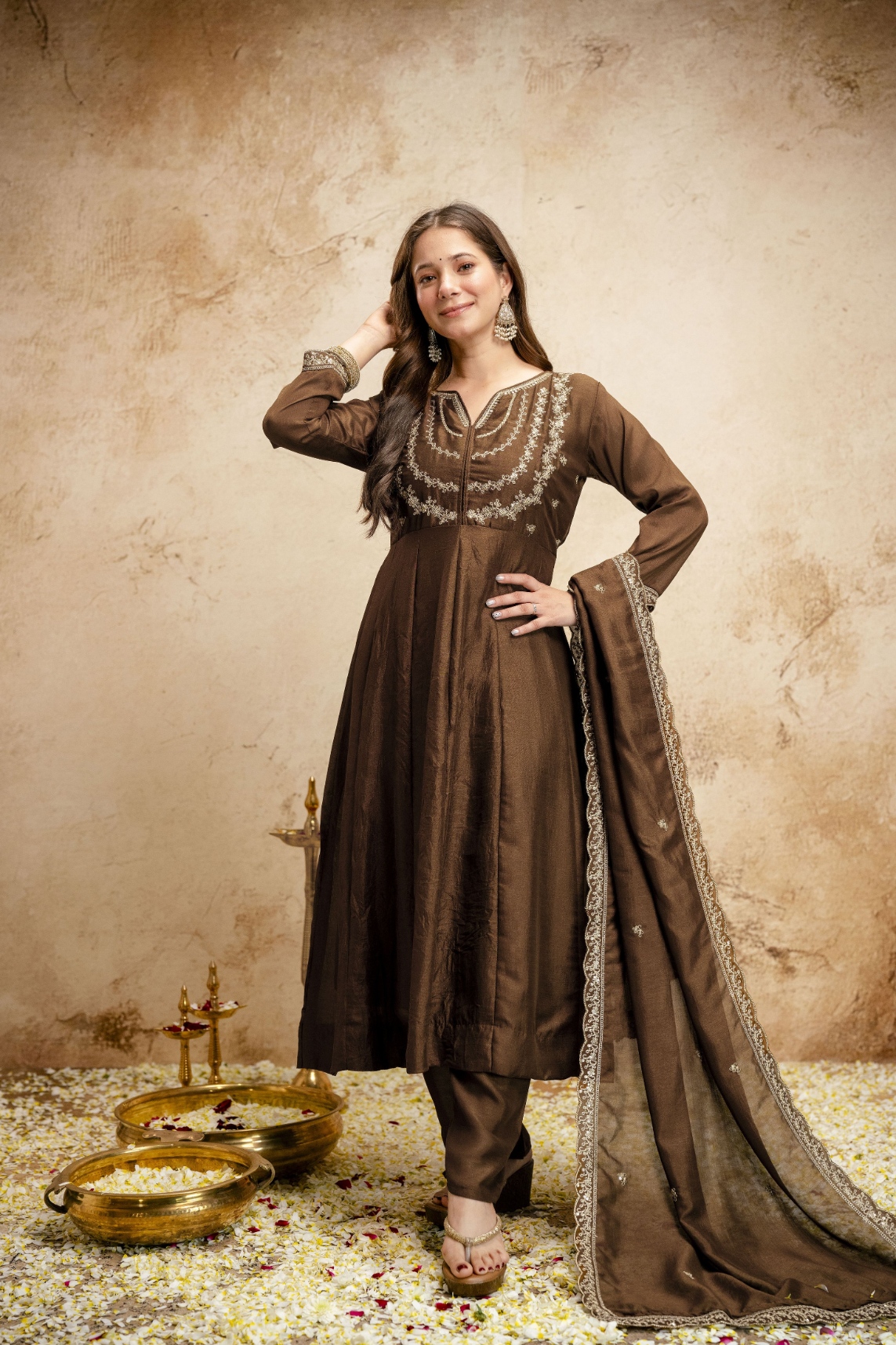 Brown Embroidered Chanderi Salwar Suit