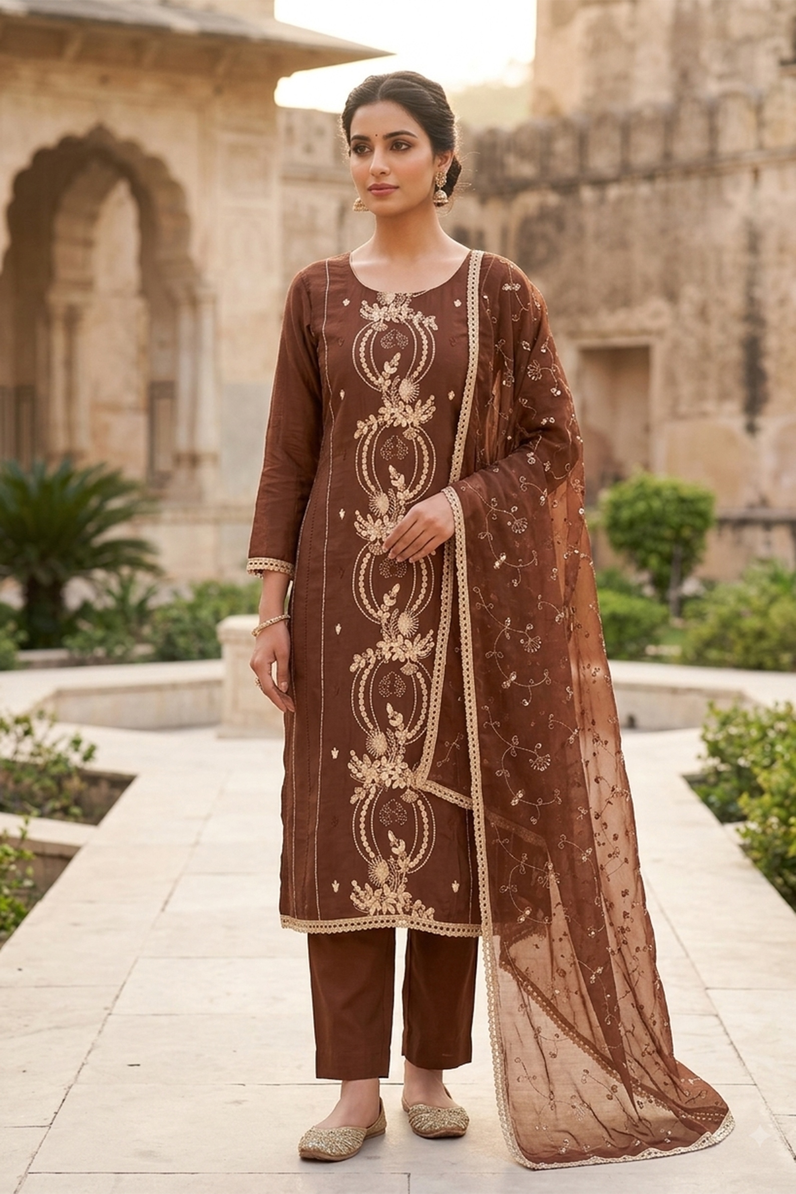 Brown Embroidered Chanderi Straight Suit